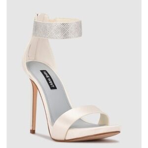 Nine West Ivory Satin‎ Rhinestone Ankle Wedding Stiletto Heels Sandal 9.5 NIB